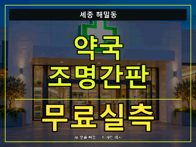 세종 해밀동 약국 조명간판 무료실측 안내 썸네일 · AI 연출 배경