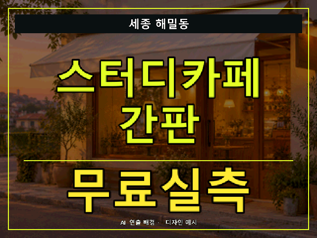 세종 해밀동 스터디카페 간판 무료실측 안내 썸네일 · AI 연출 배경