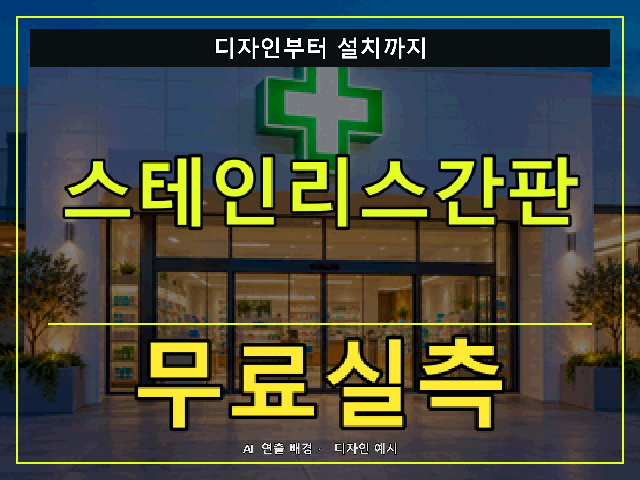 스테인리스간판 무료실측 안내 썸네일 · AI 연출 배경