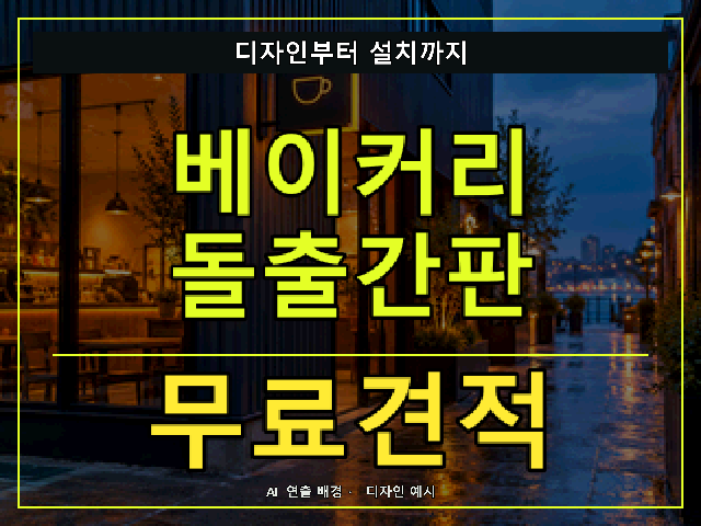 베이커리 돌출간판 무료견적 안내 썸네일 · AI 연출 배경