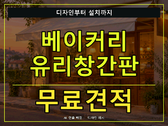 베이커리 유리창간판 무료견적 안내 썸네일 · AI 연출 배경