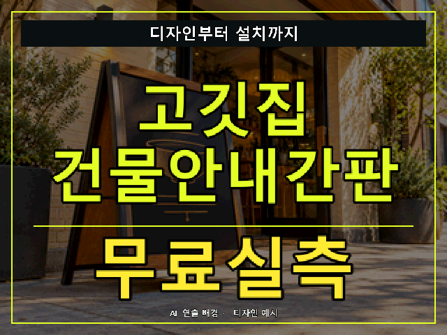 고깃집 건물안내간판 무료실측 안내 썸네일 · AI 연출 배경