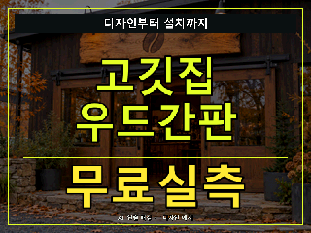 고깃집 우드간판 무료실측 안내 썸네일 · AI 연출 배경