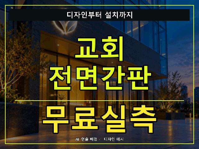 교회 전면간판 무료실측 안내 썸네일 · AI 연출 배경