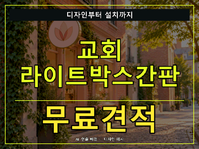 교회 라이트박스간판 무료견적 안내 썸네일 · AI 연출 배경