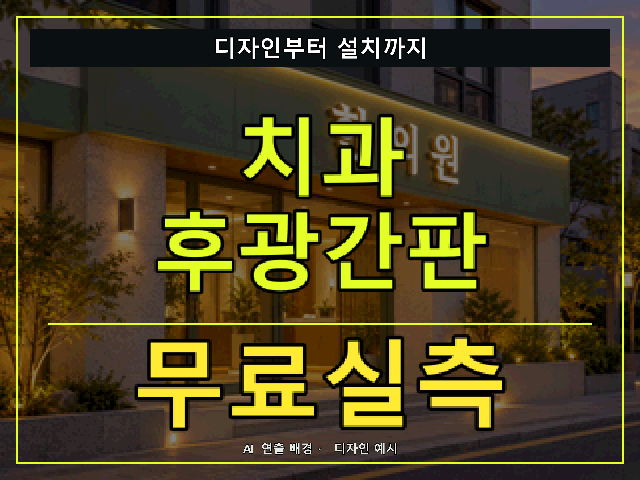 치과 후광간판 무료실측 안내 썸네일 · AI 연출 배경