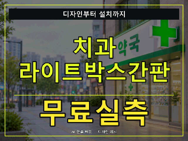 치과 라이트박스간판 무료실측 안내 썸네일 · AI 연출 배경