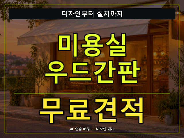미용실 우드간판 무료견적 안내 썸네일 · AI 연출 배경