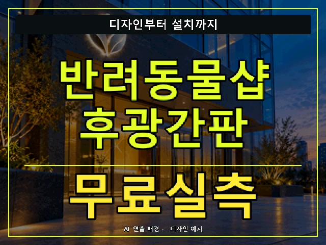 반려동물샵 후광간판 무료실측 안내 썸네일 · AI 연출 배경