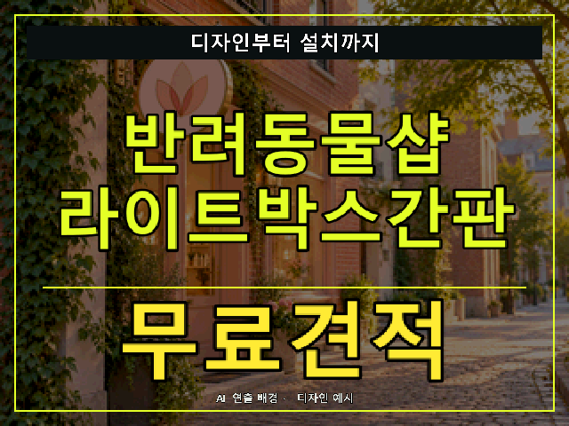 반려동물샵 라이트박스간판 무료견적 안내 썸네일 · AI 연출 배경