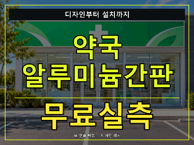 약국 알루미늄간판 무료실측 안내 썸네일 · AI 연출 배경