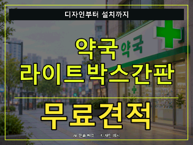 약국 라이트박스간판 무료견적 안내 썸네일 · AI 연출 배경