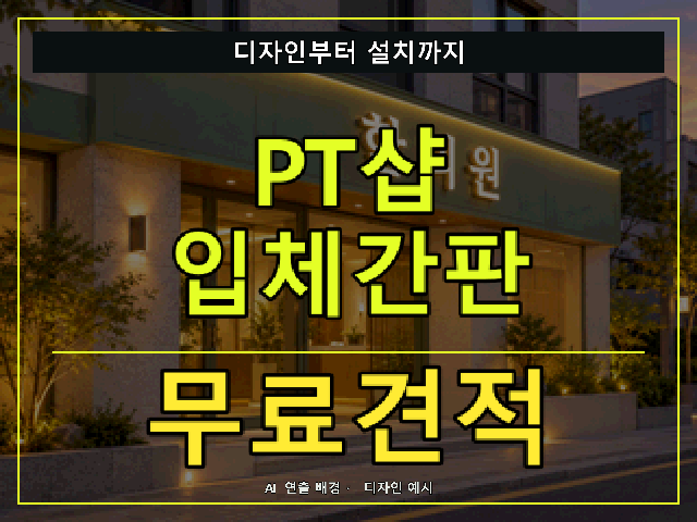 PT샵 입체간판 무료견적 안내 썸네일 · AI 연출 배경