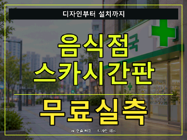 음식점 스카시간판 무료실측 안내 썸네일 · AI 연출 배경