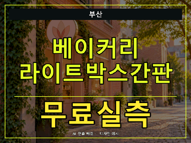부산 베이커리 라이트박스간판 무료실측 안내 썸네일 · AI 연출 배경