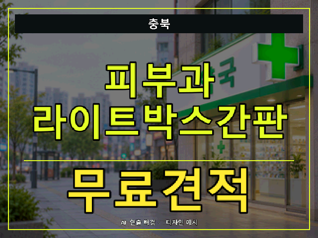 충북 피부과 라이트박스간판 무료견적 안내 썸네일 · AI 연출 배경