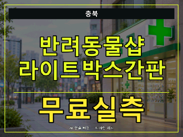 충북 반려동물샵 라이트박스간판 무료실측 안내 썸네일 · AI 연출 배경