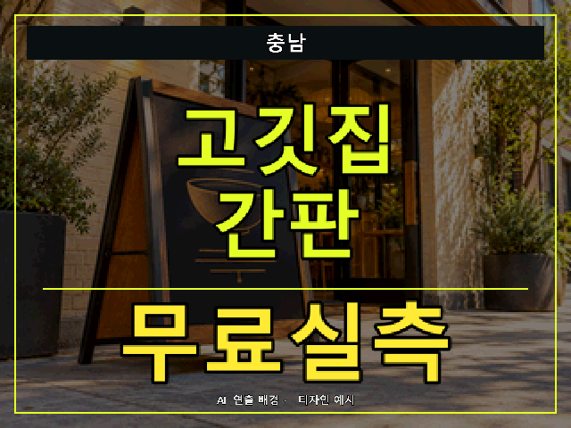 충남 고깃집 간판 무료실측 안내 썸네일 · AI 연출 배경