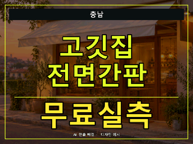 충남 고깃집 전면간판 무료실측 안내 썸네일 · AI 연출 배경