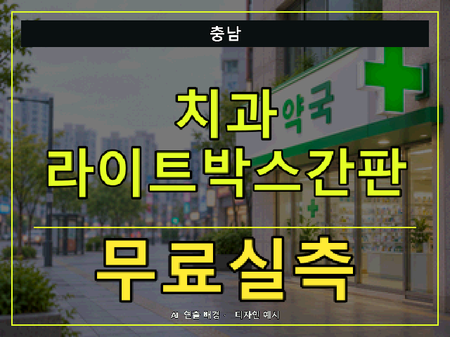 충남 치과 라이트박스간판 무료실측 안내 썸네일 · AI 연출 배경