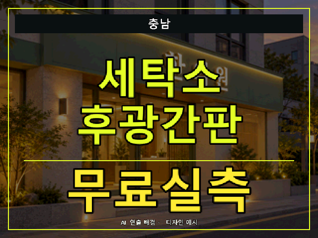 충남 세탁소 후광간판 무료실측 안내 썸네일 · AI 연출 배경