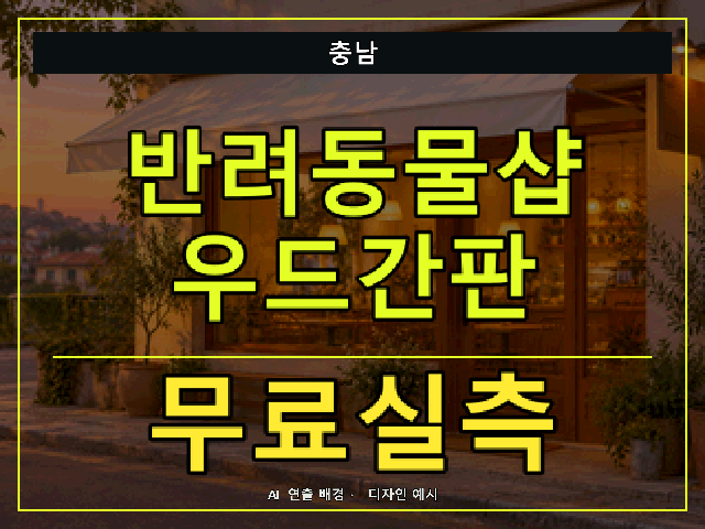 충남 반려동물샵 우드간판 무료실측 안내 썸네일 · AI 연출 배경