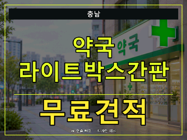 충남 약국 라이트박스간판 무료견적 안내 썸네일 · AI 연출 배경