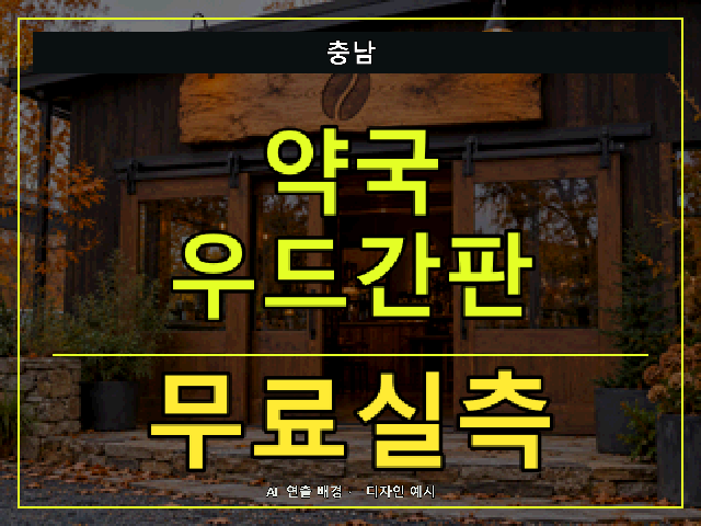 충남 약국 우드간판 무료실측 안내 썸네일 · AI 연출 배경