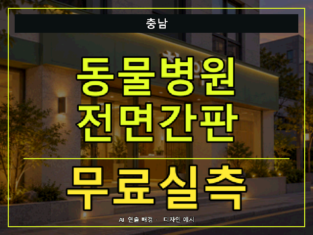 충남 동물병원 전면간판 무료실측 안내 썸네일 · AI 연출 배경