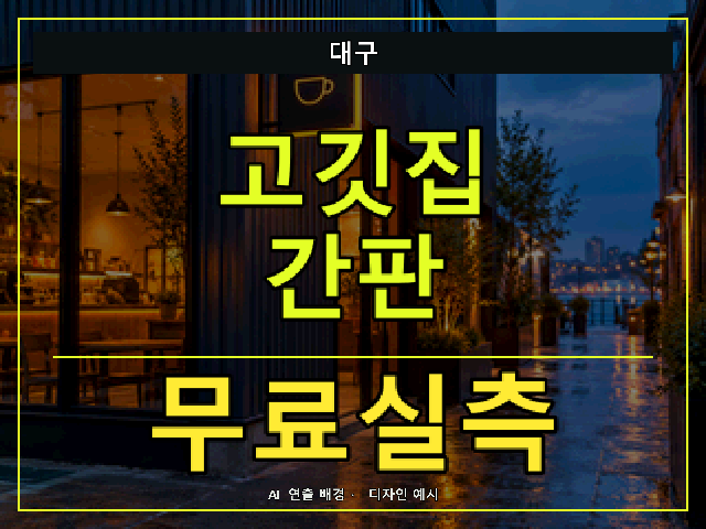 대구 고깃집 간판 무료실측 안내 썸네일 · AI 연출 배경