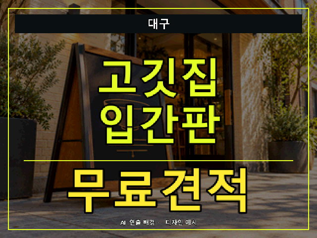 대구 고깃집 입간판 무료견적 안내 썸네일 · AI 연출 배경