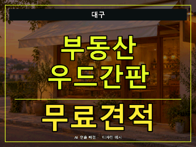 대구 부동산 우드간판 무료견적 안내 썸네일 · AI 연출 배경