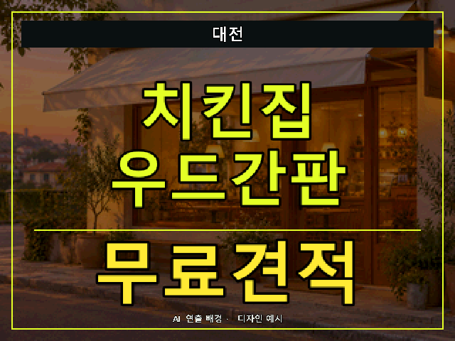 대전 치킨집 우드간판 무료견적 안내 썸네일 · AI 연출 배경