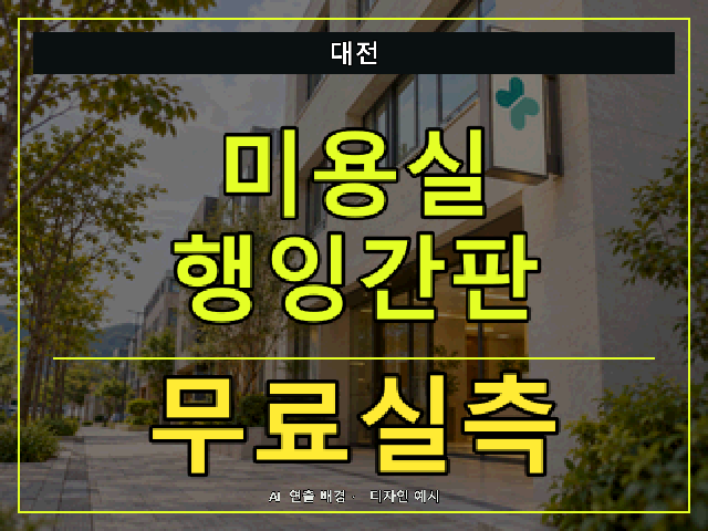 대전 미용실 행잉간판 무료실측 안내 썸네일 · AI 연출 배경