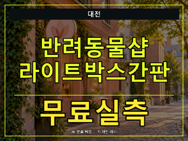 대전 반려동물샵 라이트박스간판 무료실측 안내 썸네일 · AI 연출 배경
