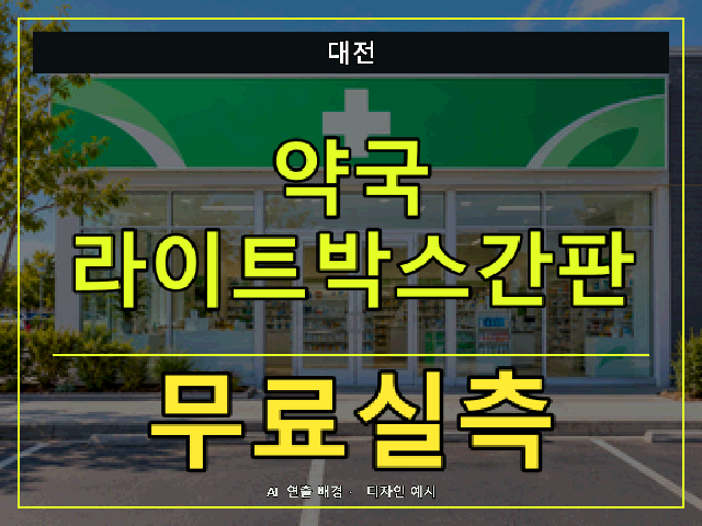 대전 약국 라이트박스간판 무료실측 안내 썸네일 · AI 연출 배경