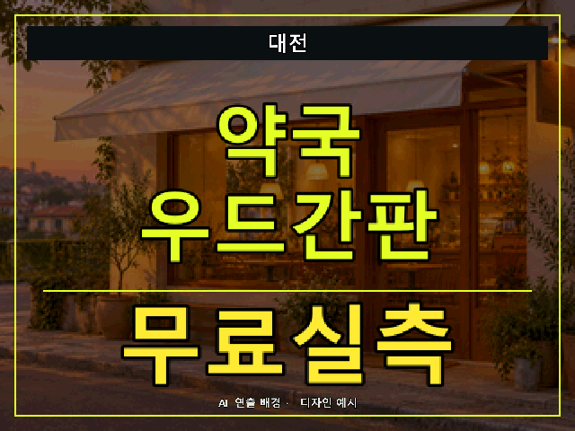 대전 약국 우드간판 무료실측 안내 썸네일 · AI 연출 배경