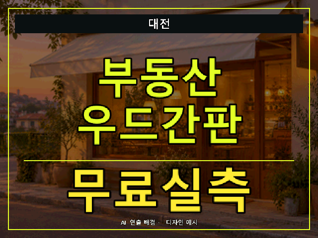 대전 부동산 우드간판 무료실측 안내 썸네일 · AI 연출 배경