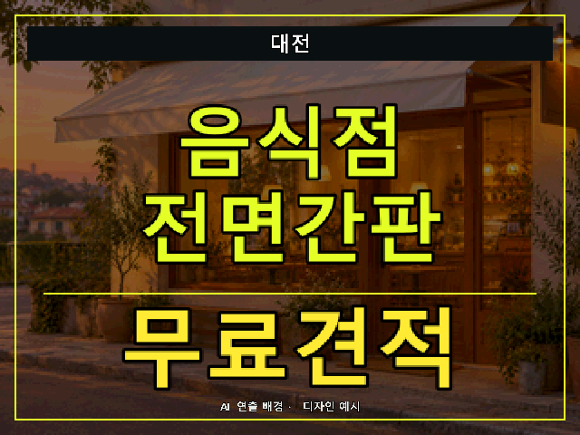 대전 음식점 전면간판 무료견적 안내 썸네일 · AI 연출 배경