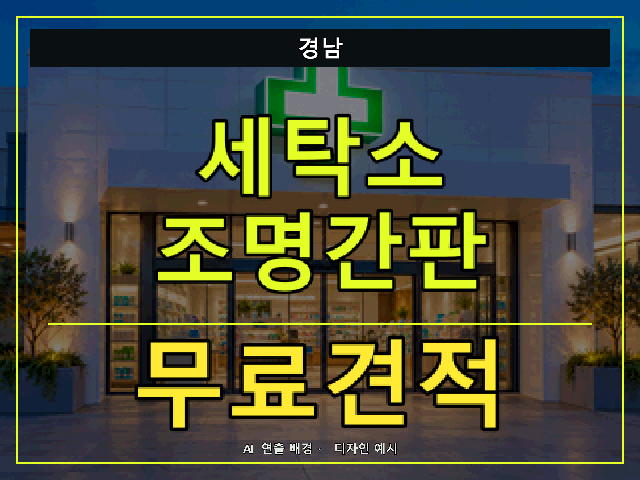 경남 세탁소 조명간판 무료견적 안내 썸네일 · AI 연출 배경