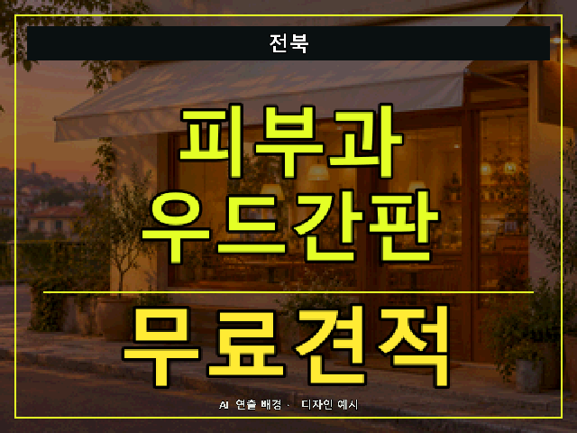 전북 피부과 우드간판 무료견적 안내 썸네일 · AI 연출 배경