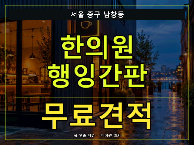 서울 중구 남창동 한의원 행잉간판 무료견적 안내 썸네일 · AI 연출 배경