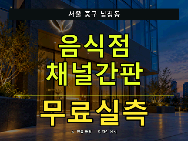 서울 중구 남창동 음식점 채널간판 무료실측 안내 썸네일 · AI 연출 배경