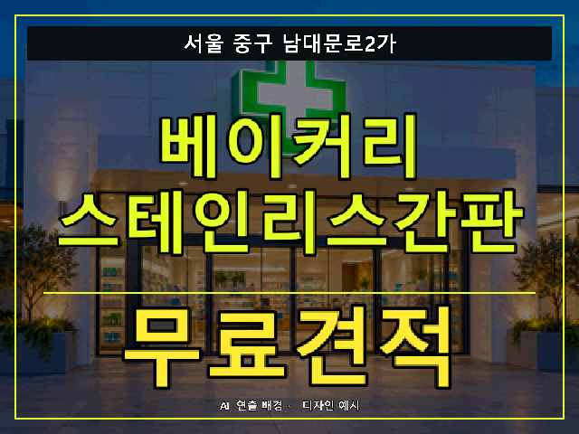 서울 중구 남대문로2가 베이커리 스테인리스간판 무료견적 안내 썸네일 · AI 연출 배경
