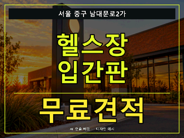 서울 중구 남대문로2가 헬스장 입간판 무료견적 안내 썸네일 · AI 연출 배경