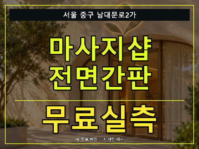서울 중구 남대문로2가 마사지샵 전면간판 무료실측 안내 썸네일 · AI 연출 배경
