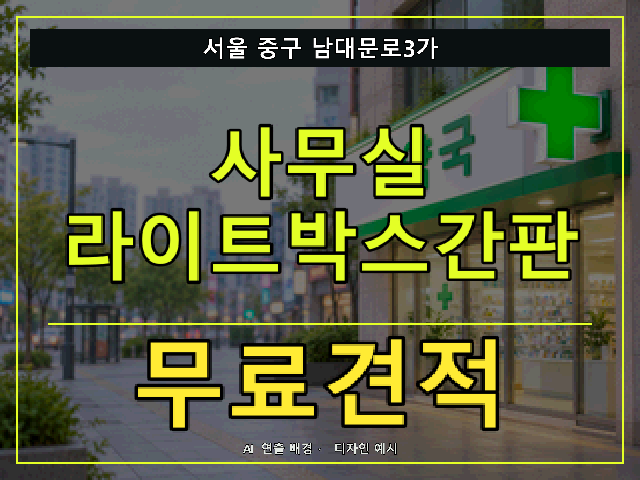 서울 중구 남대문로3가 사무실 라이트박스간판 무료견적 안내 썸네일 · AI 연출 배경