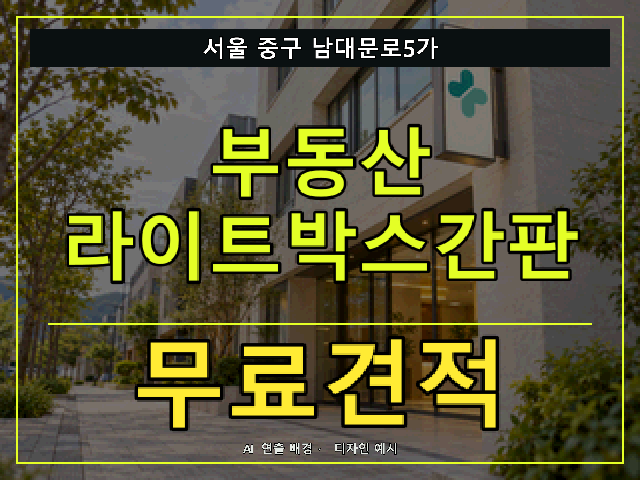 서울 중구 남대문로5가 부동산 라이트박스간판 무료견적 안내 썸네일 · AI 연출 배경