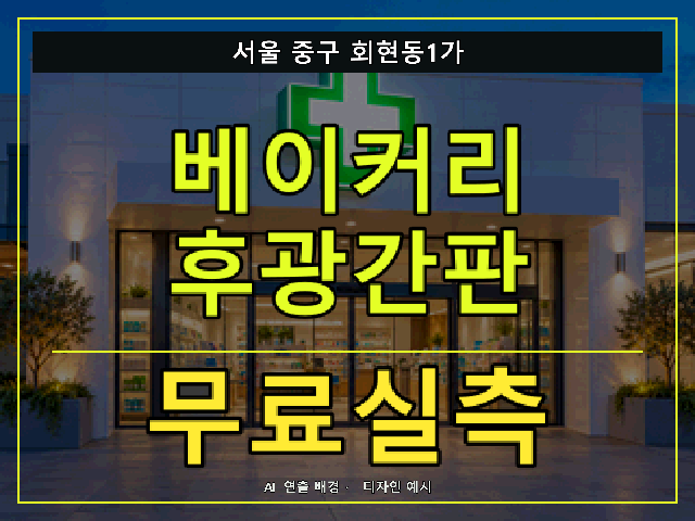 서울 중구 회현동1가 베이커리 후광간판 무료실측 안내 썸네일 · AI 연출 배경