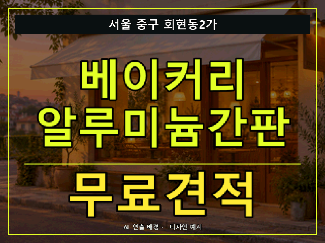 서울 중구 회현동2가 베이커리 알루미늄간판 무료견적 안내 썸네일 · AI 연출 배경
